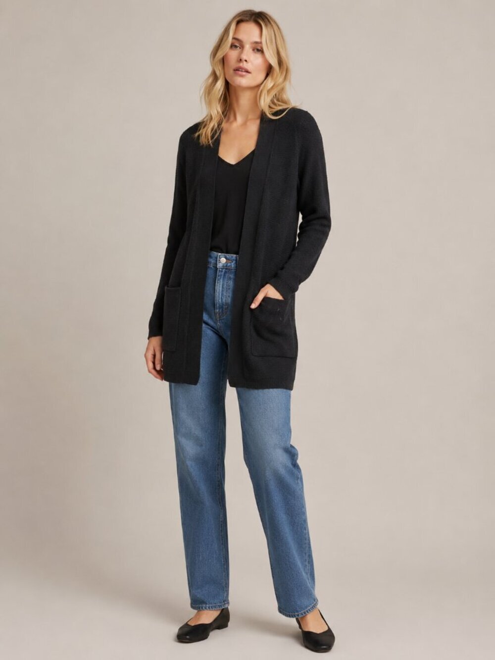 Lucky Brand Lined Open Front Cardigan Patch Pockets Black Medium #A2667